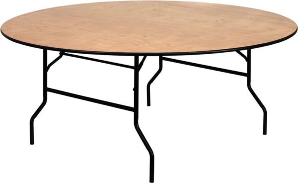 72" Round Wood Folding Banquet Table with Clear Coated Finished Top
