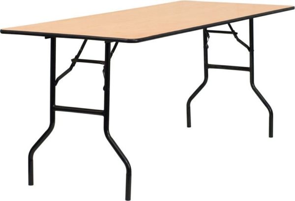This commercial grade folding banquet table features: 551 lb. static load capacity .5" thick plywood table top with clear coated top finish Black t-mold edge band Black powder coated wishbone legs 18 gauge steel legs Non-marring foot caps No assembly required